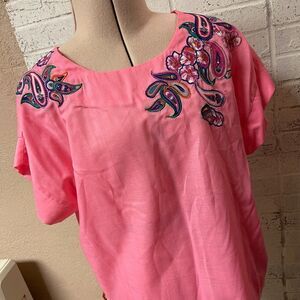 Vintage Solange Pink Appliqued Paisley Short Sleeve Blouse Large